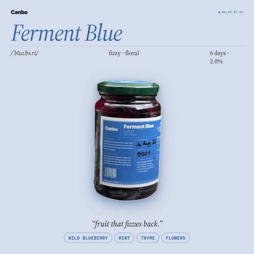 Jar of Canbo Ferment Blue, lacto-fermented blueberries with mint and edible flowers