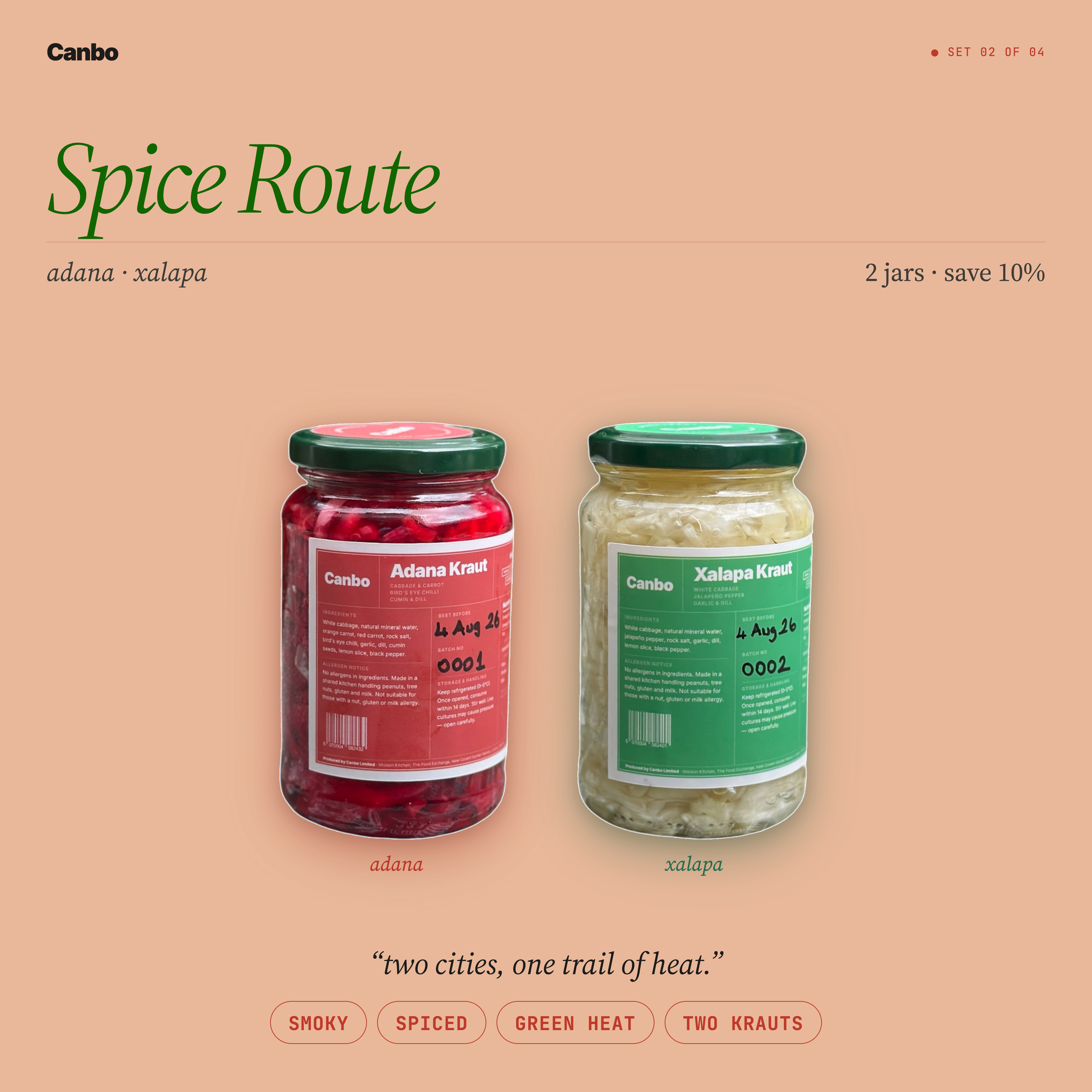 Spice Route bundle: Canbo Adana Kraut and Xalapa Kraut, two raw spicy sauerkrauts